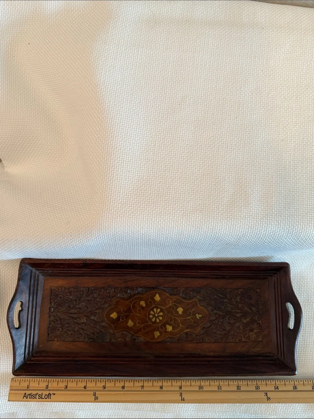 Vintage Indian Hand Carved Wooden Serving Tray w/ Inlay 15.5